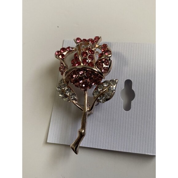 Crystal Rose Brooch Pin With Pink & Clear Austrian Crystals Rose Gold Plated - Picture 3 of 5
